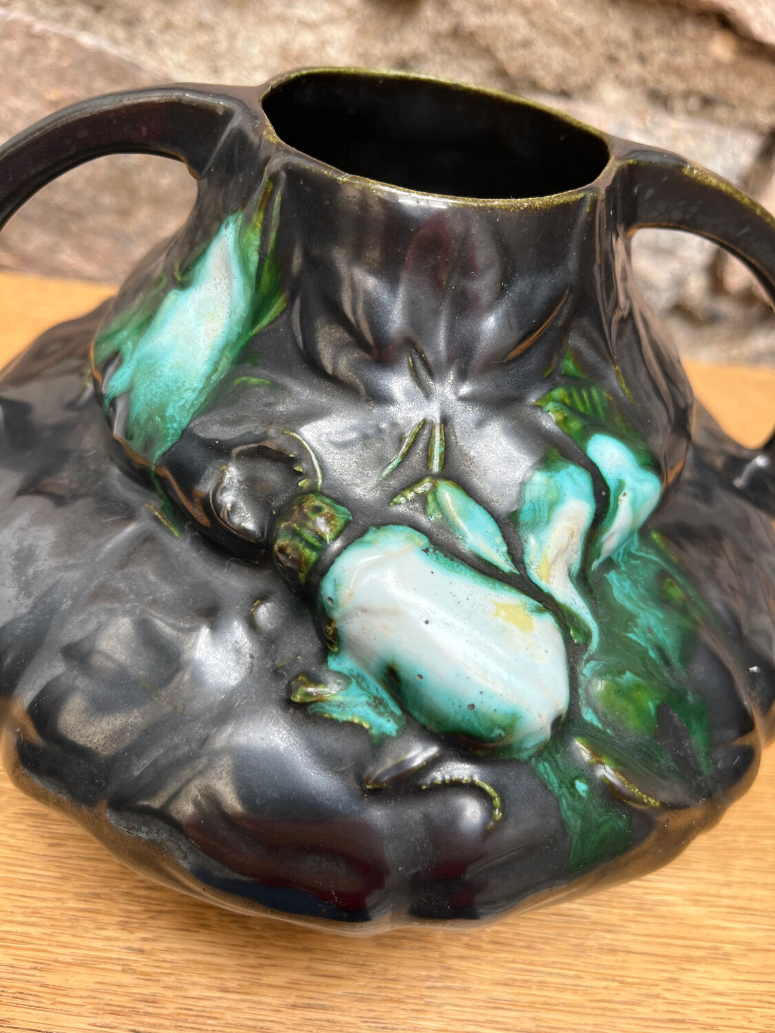 Art Nouveau barbotine vase with "scarabs" decoration.