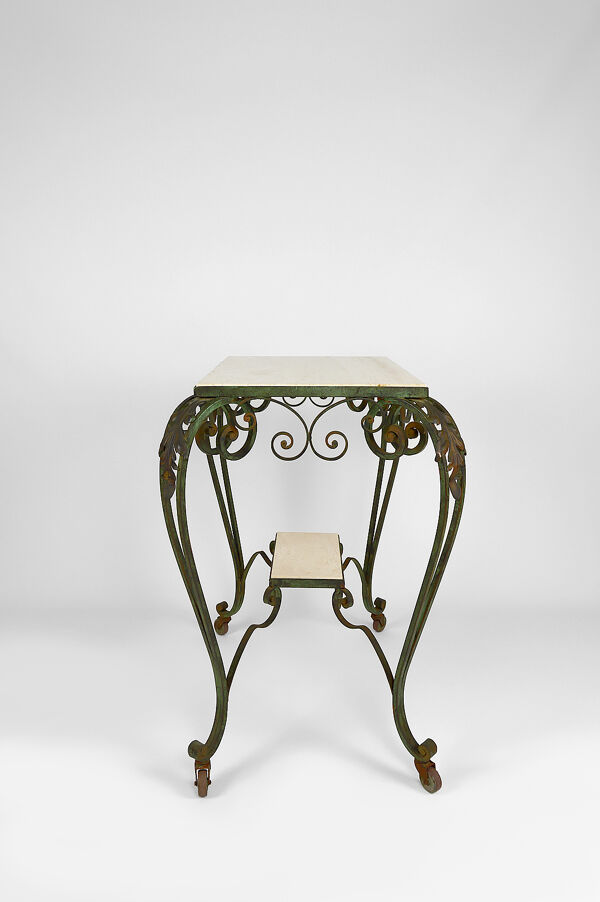 Desserte roulante art déco en fer forgé et travertin, france, 1940s