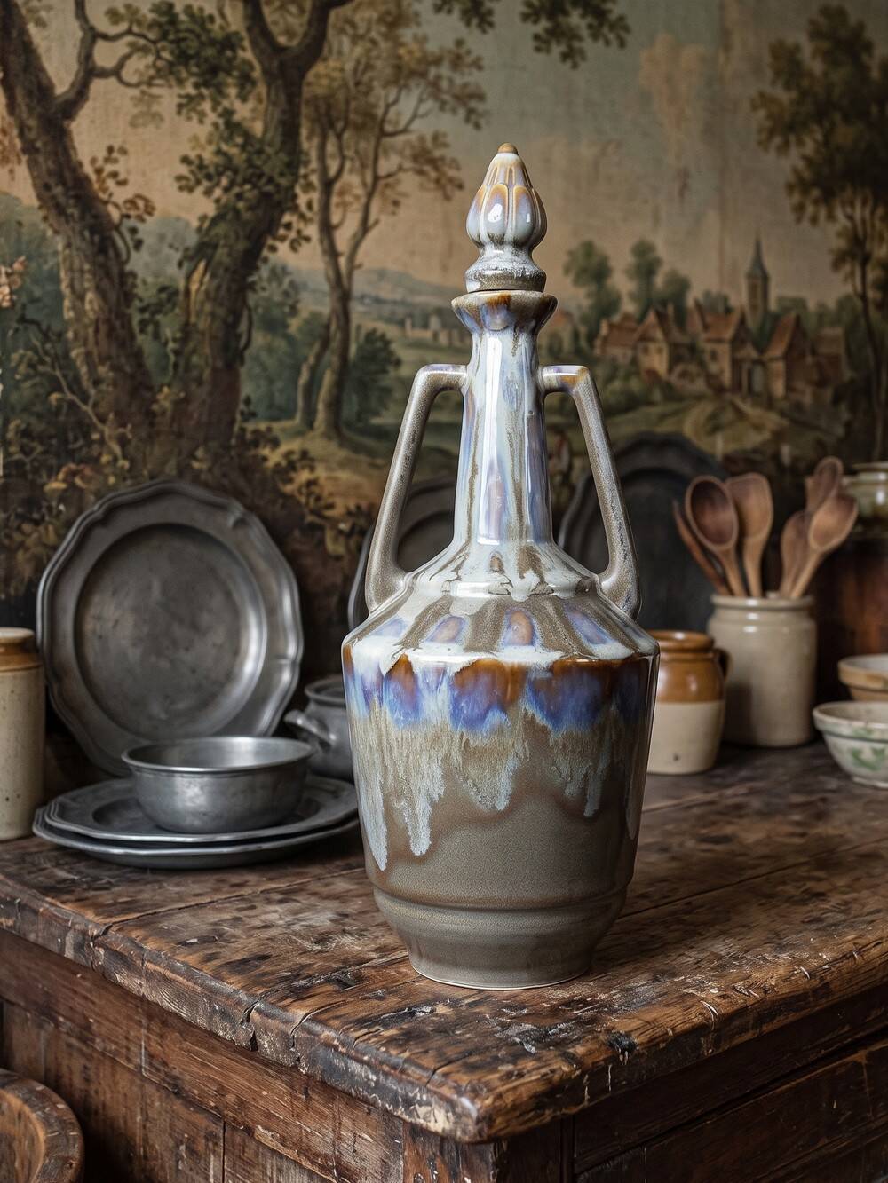 Vintage stoneware bottle with flamed glaze, France 1950-1970.