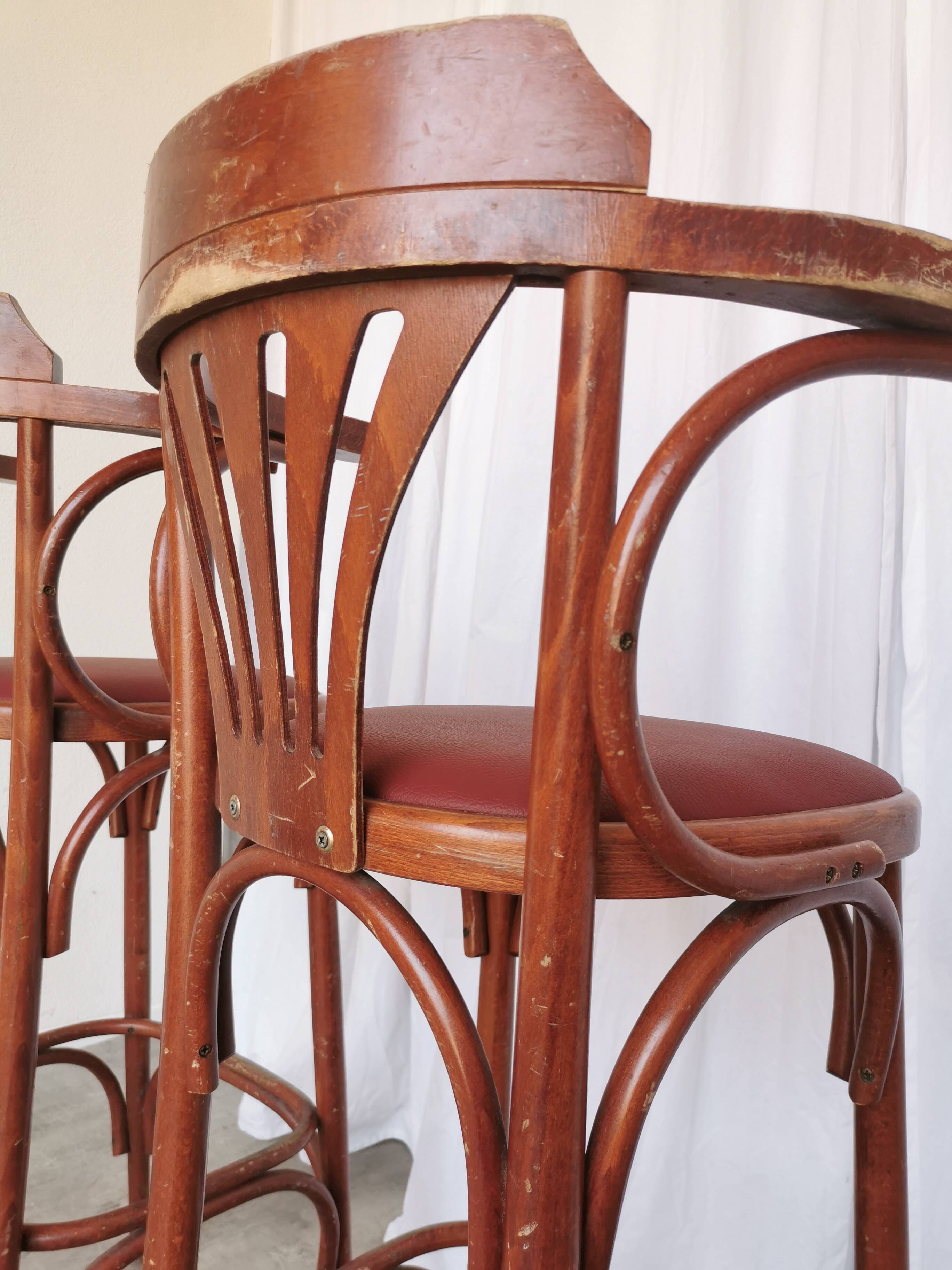 Set of 2 Vintage Bar Chairs: Red Leather Seat, High Pub Stools