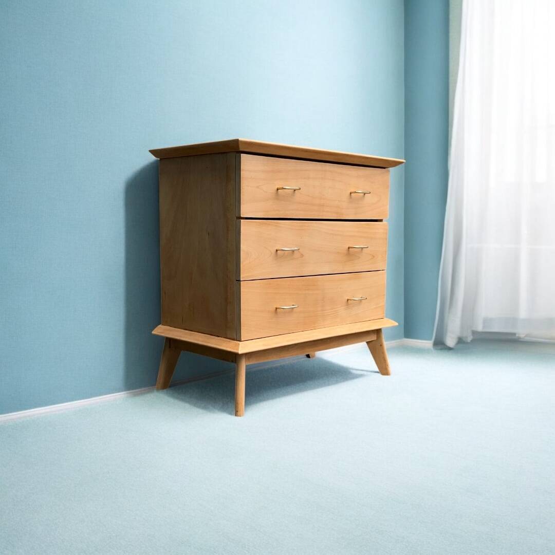 Vintage chest of drawers with compass feet, solid raw beech, 1960s