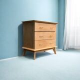 Vintage chest of drawers with compass feet, solid raw beech, 1960s