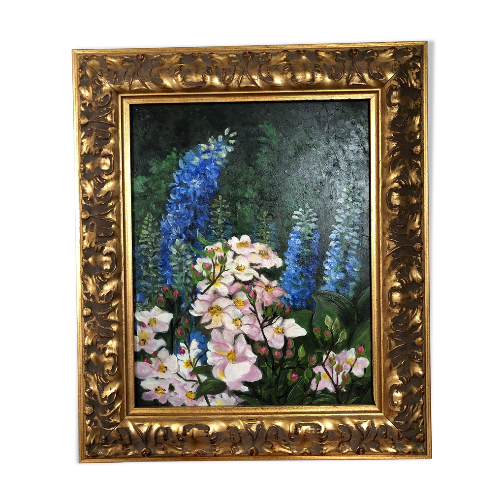 Tableau huile sur toile nature morte aux fleurs | Selency