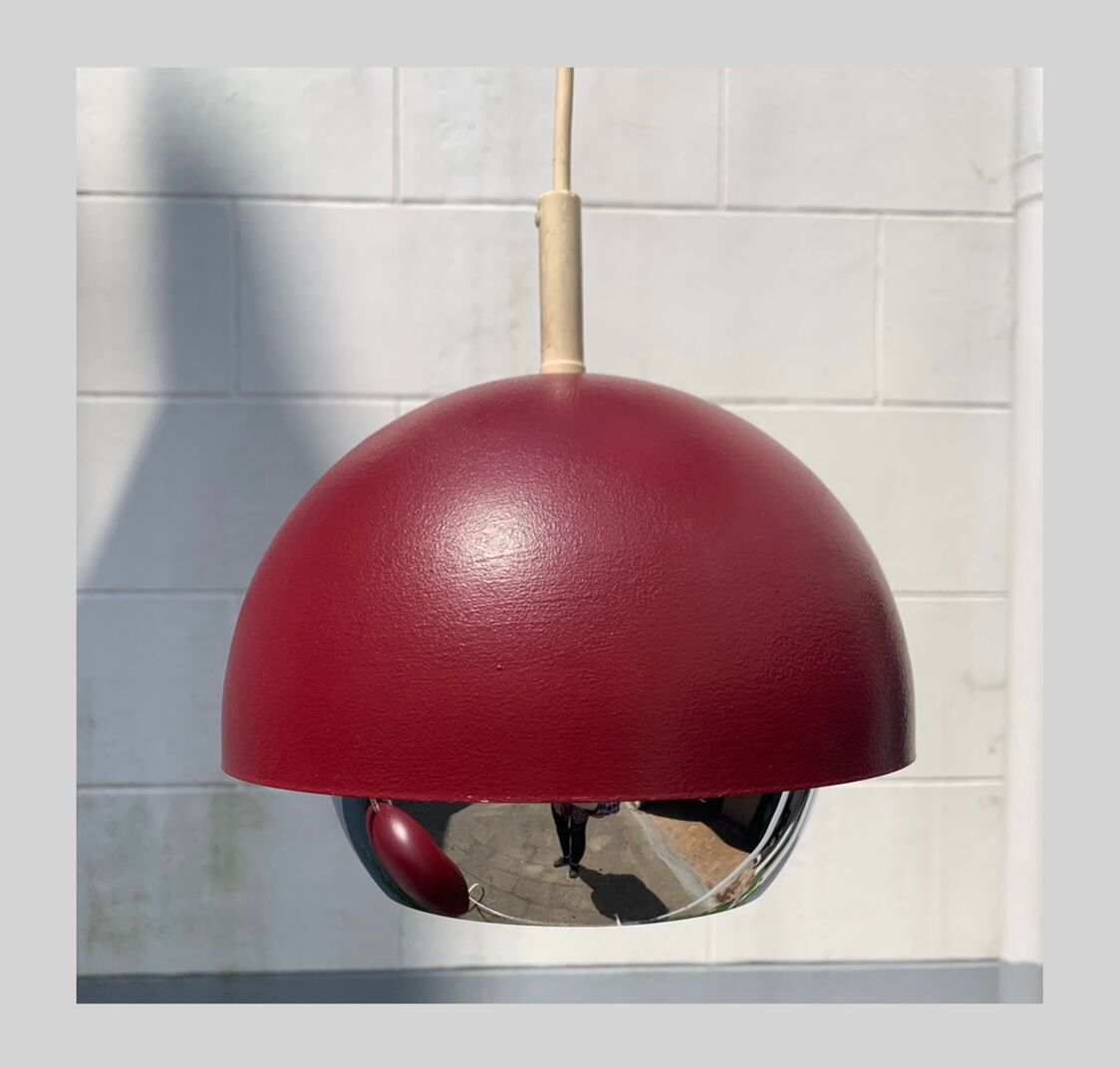Trio of vintage burgundy and chrome pendant lamps