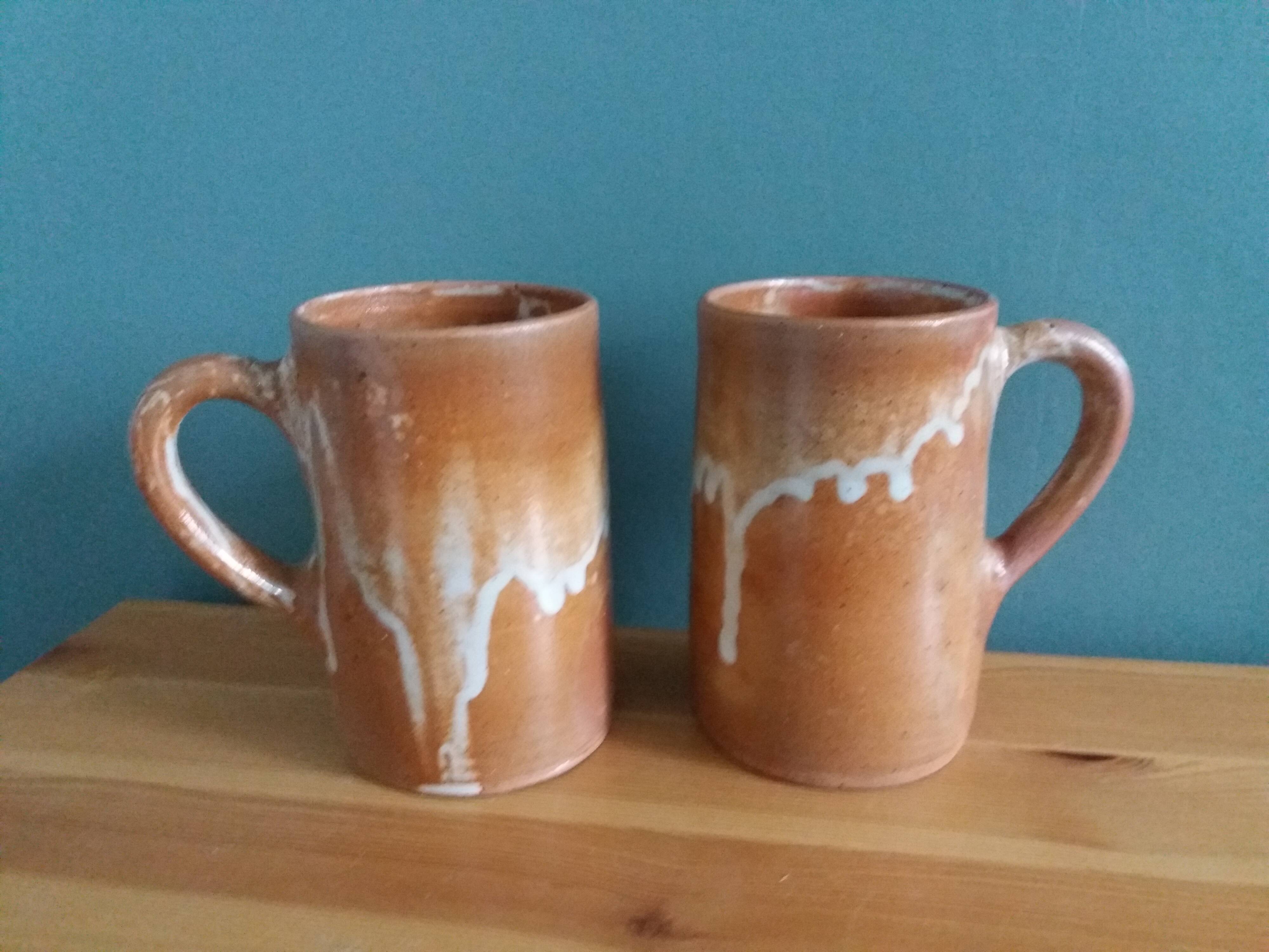 2 enameled stoneware mugs cups