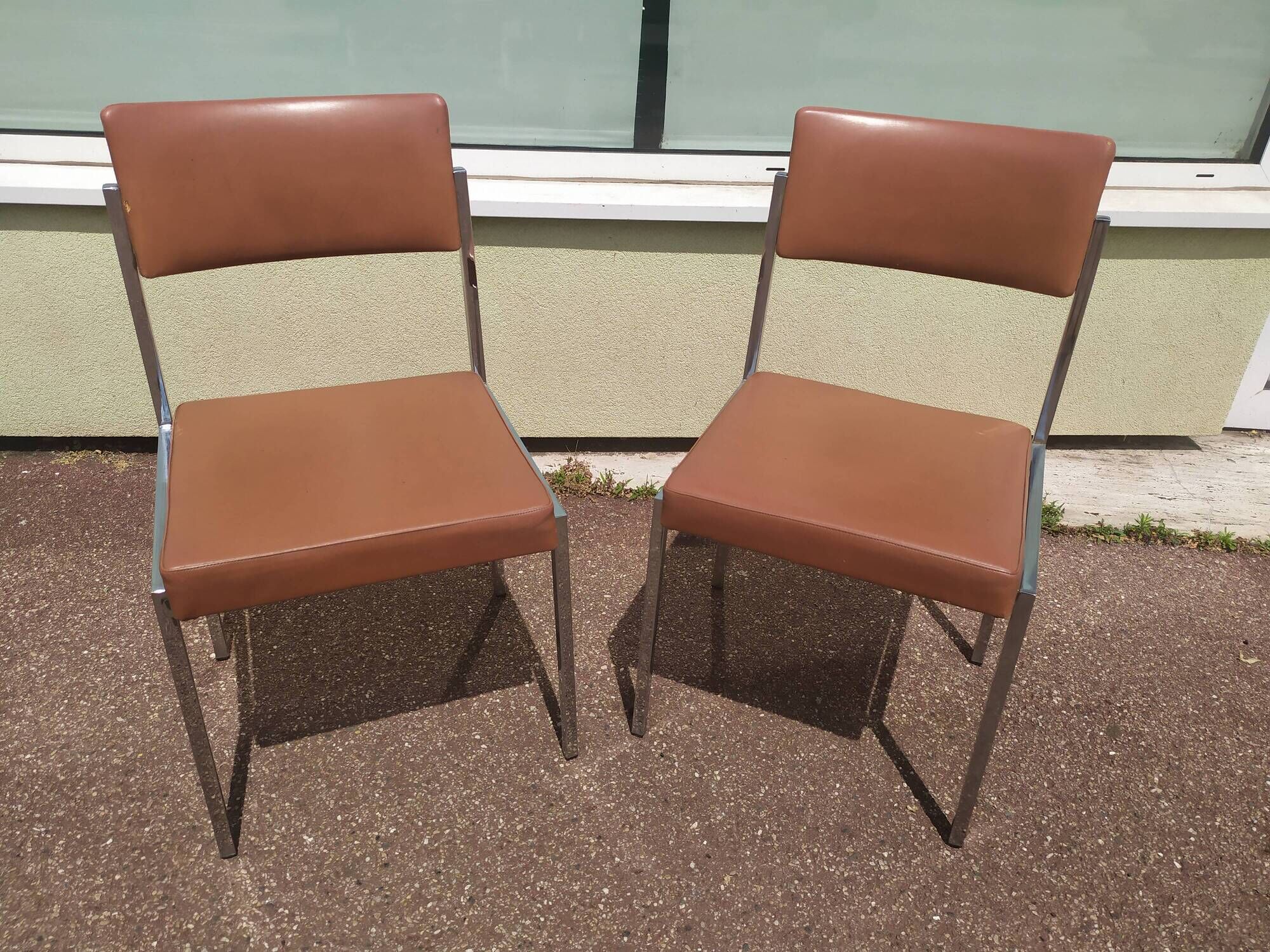Pair of office chair oem strafor vintage 1960 - chrome skaï brown