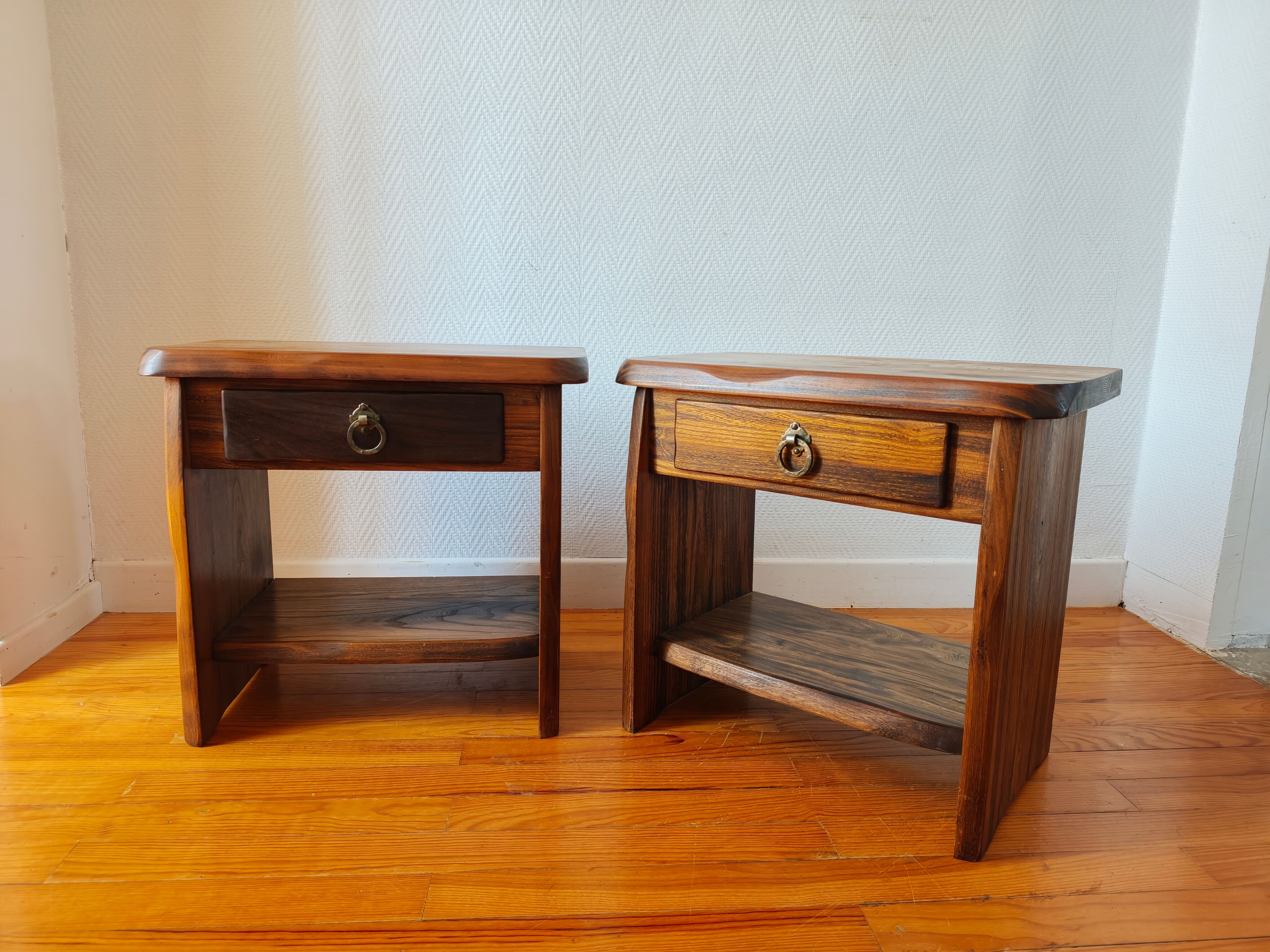 Pair of solid elm bedside tables, France 1970.