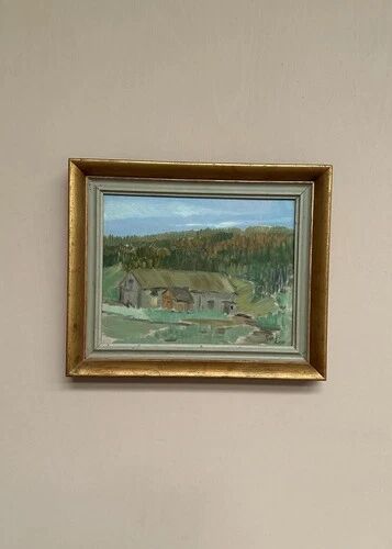 Oil on Panel “Landscape with a Hut” by Carl Einar, Vintage & Framed 38.5×32cm