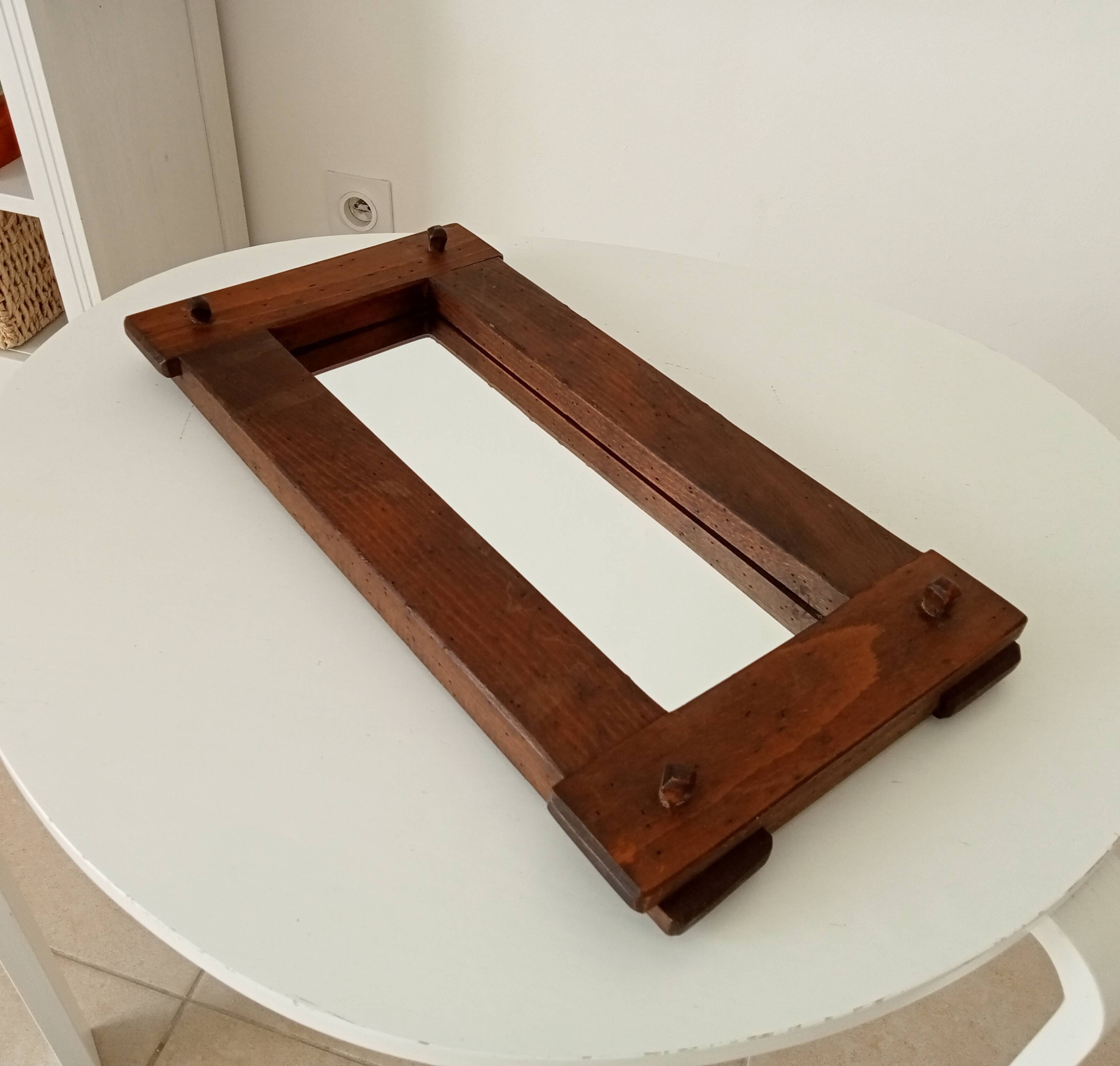 Miroir brutaliste vintage en chêne massif