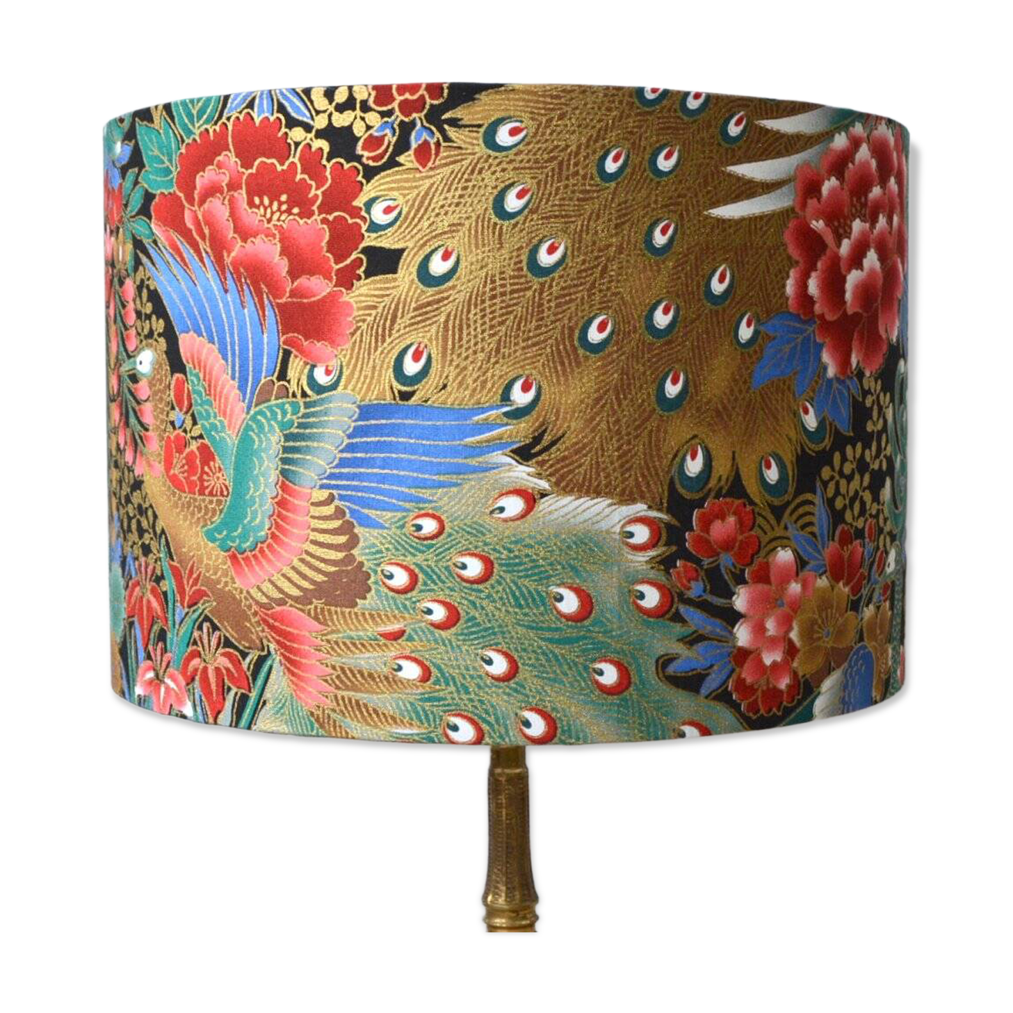 Abat-jour toile de Jouy, paon, fleurs, dorée