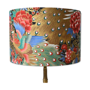 Jouy fabric lampshade, peacock, flowers, gold.
