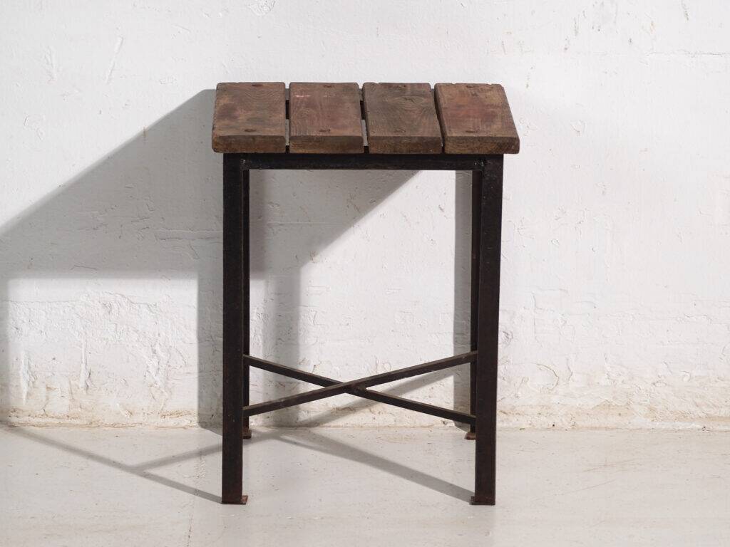 Vintage industrial stool made of pine wood and iron – Central Europe, circa 1950