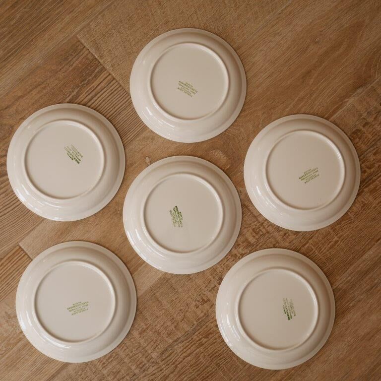 Set of 6 Sarreguemines plates, naïve décor, children in the rain