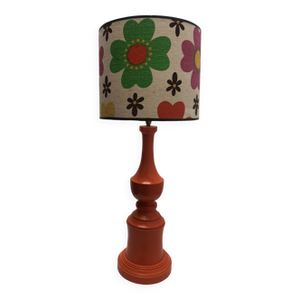Lampe orange et abat-jour motif fleuri années 1970