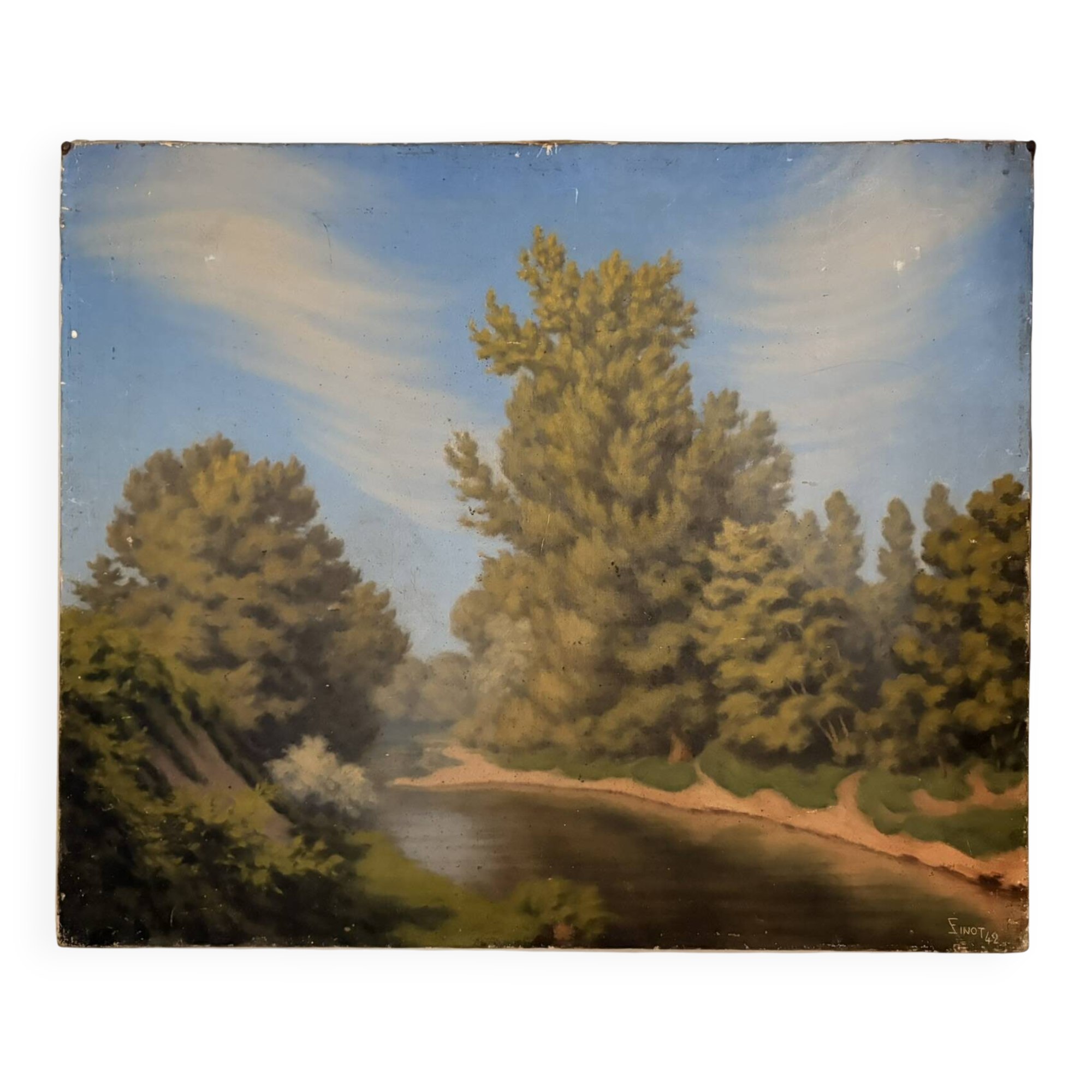 Tableau Peinture Huile Toile champêtre Lac Rivière Campagne Arbre Chemin 19