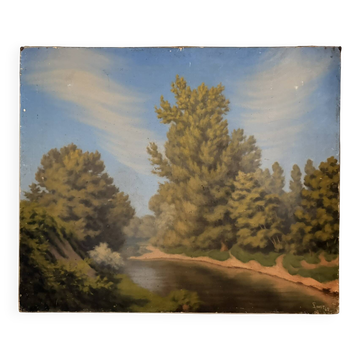 Tableau Peinture Huile Toile champêtre Lac Rivière Campagne Arbre Chemin 19