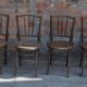 Set of 4 Thonet chairs in brown wood, 1930s bistro design, Art Nouveau curved backrest.