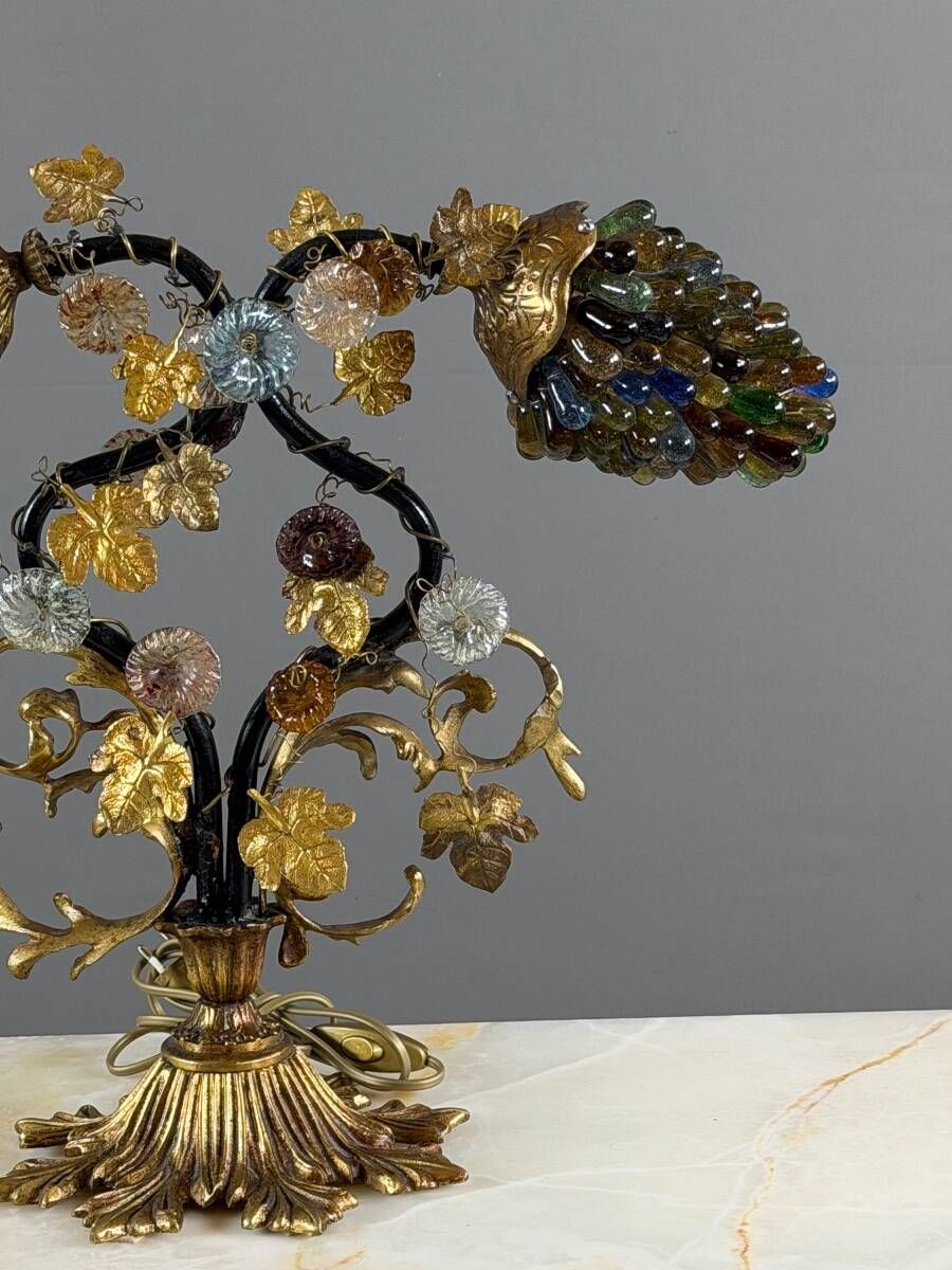 Bronze and polychrome glass lamp, 20th century