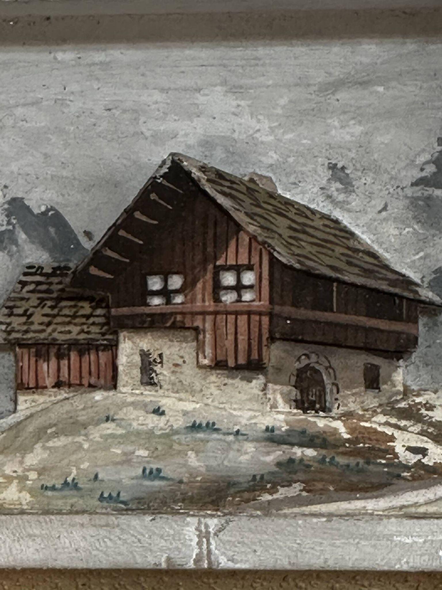Tableau alpin vintage en bois sculpté et peint