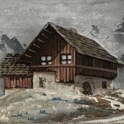 Tableau alpin vintage en bois sculpté et peint