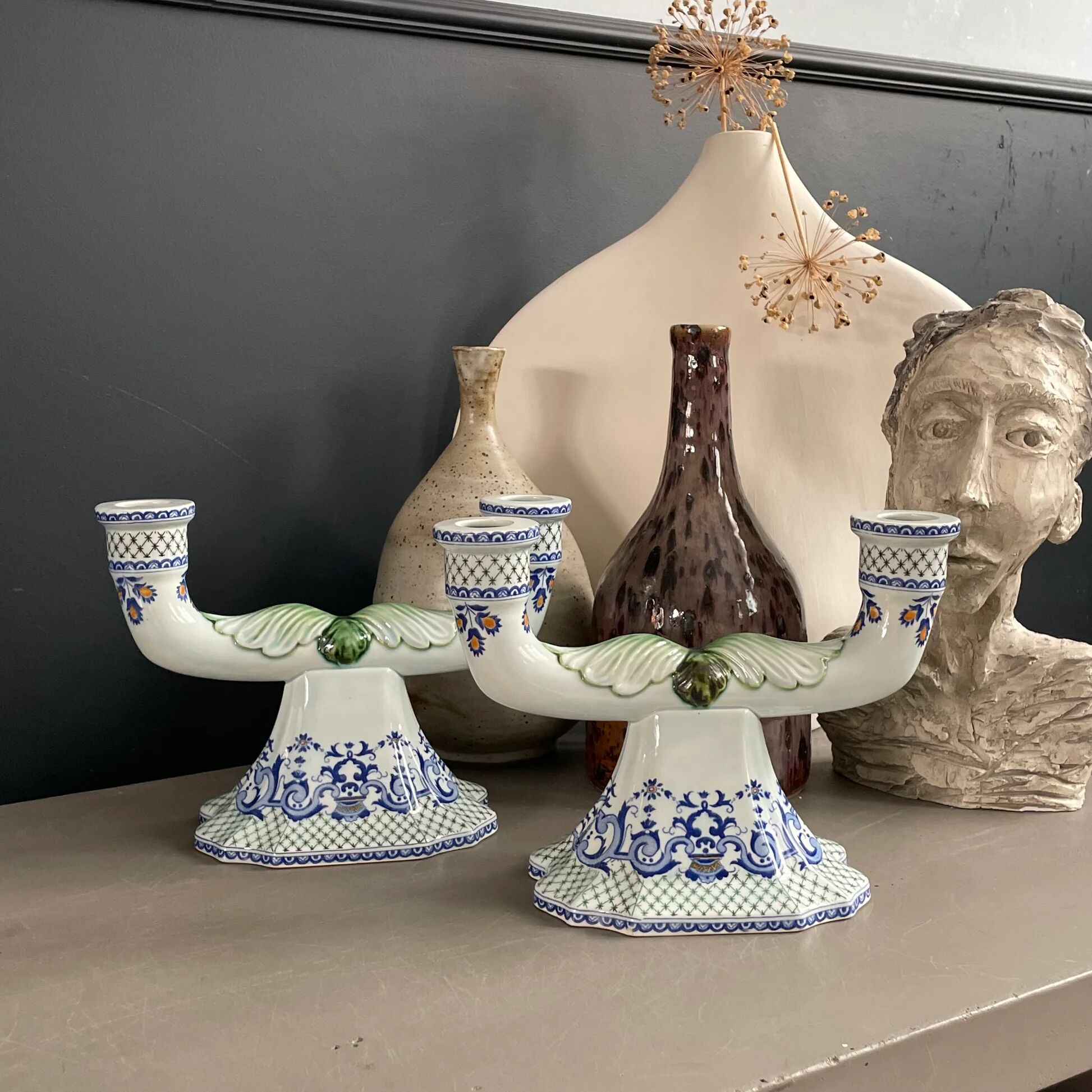 Pair of Gien earthenware candlesticks - lamp bases - Ref 1170