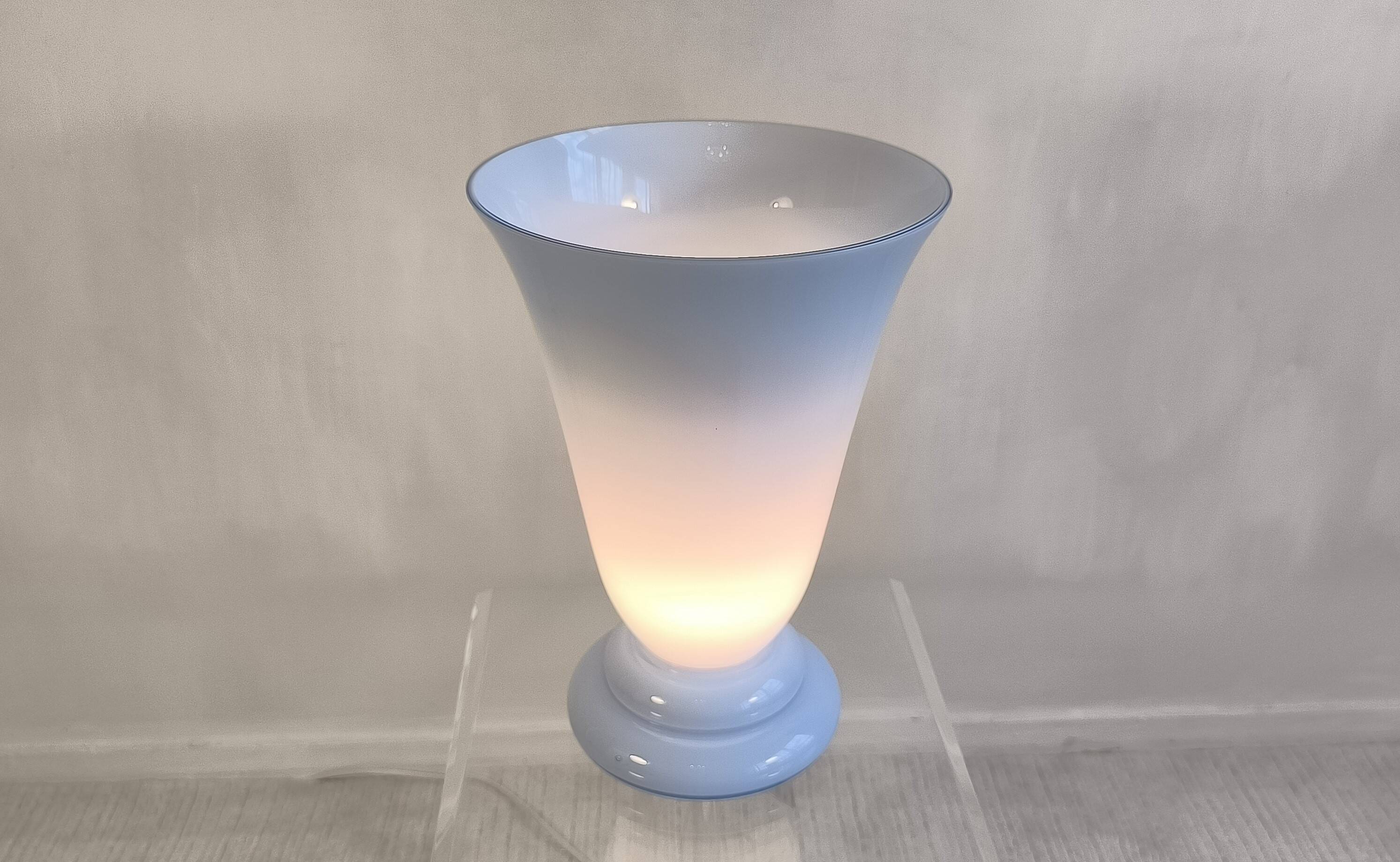Magnificent large vintage lamp in opaline blue Bohemian glass — signed
