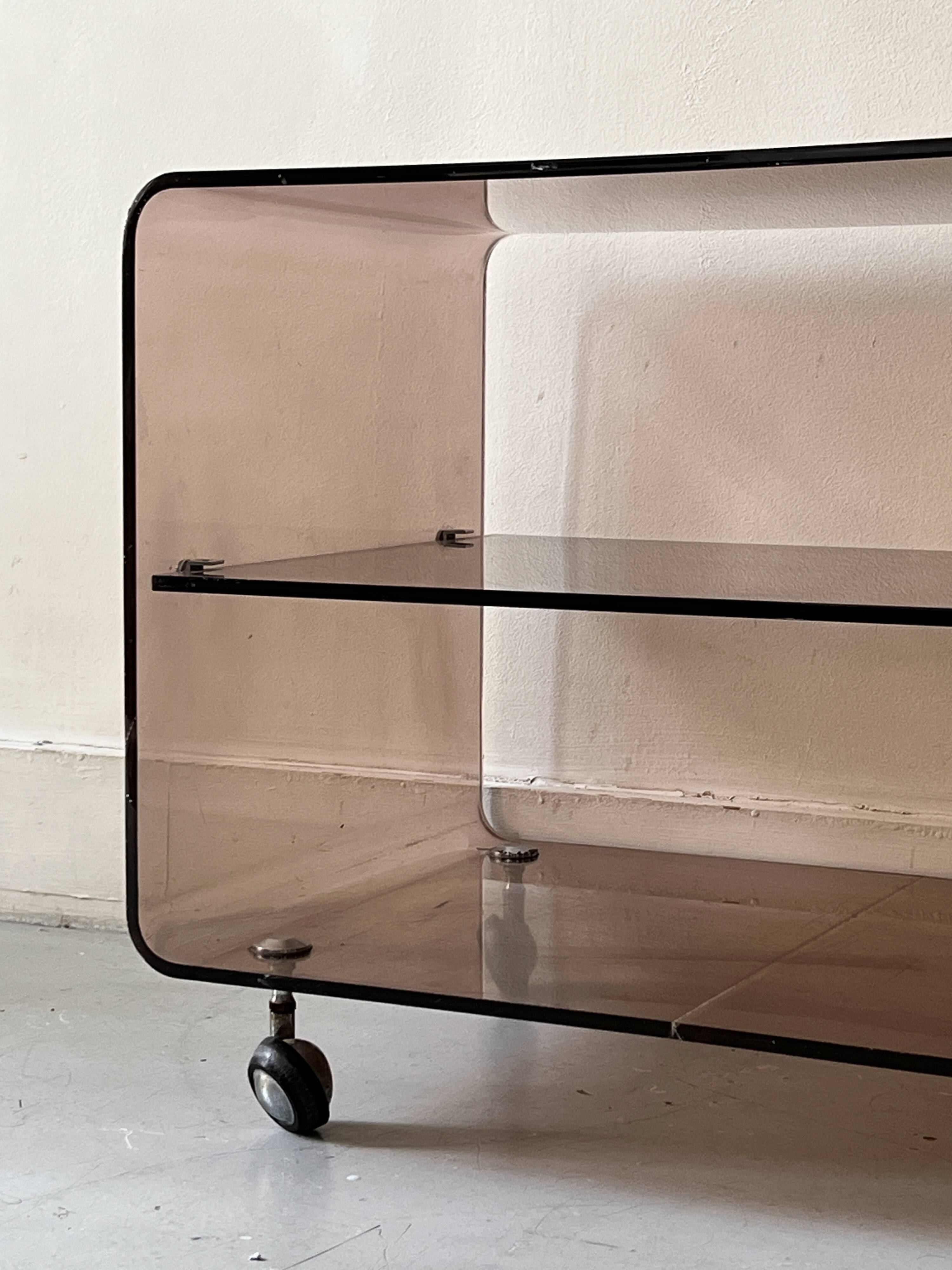 Smoked plexiglass TV/HiFi unit by M. Dumas for Roche Bobois, 1970