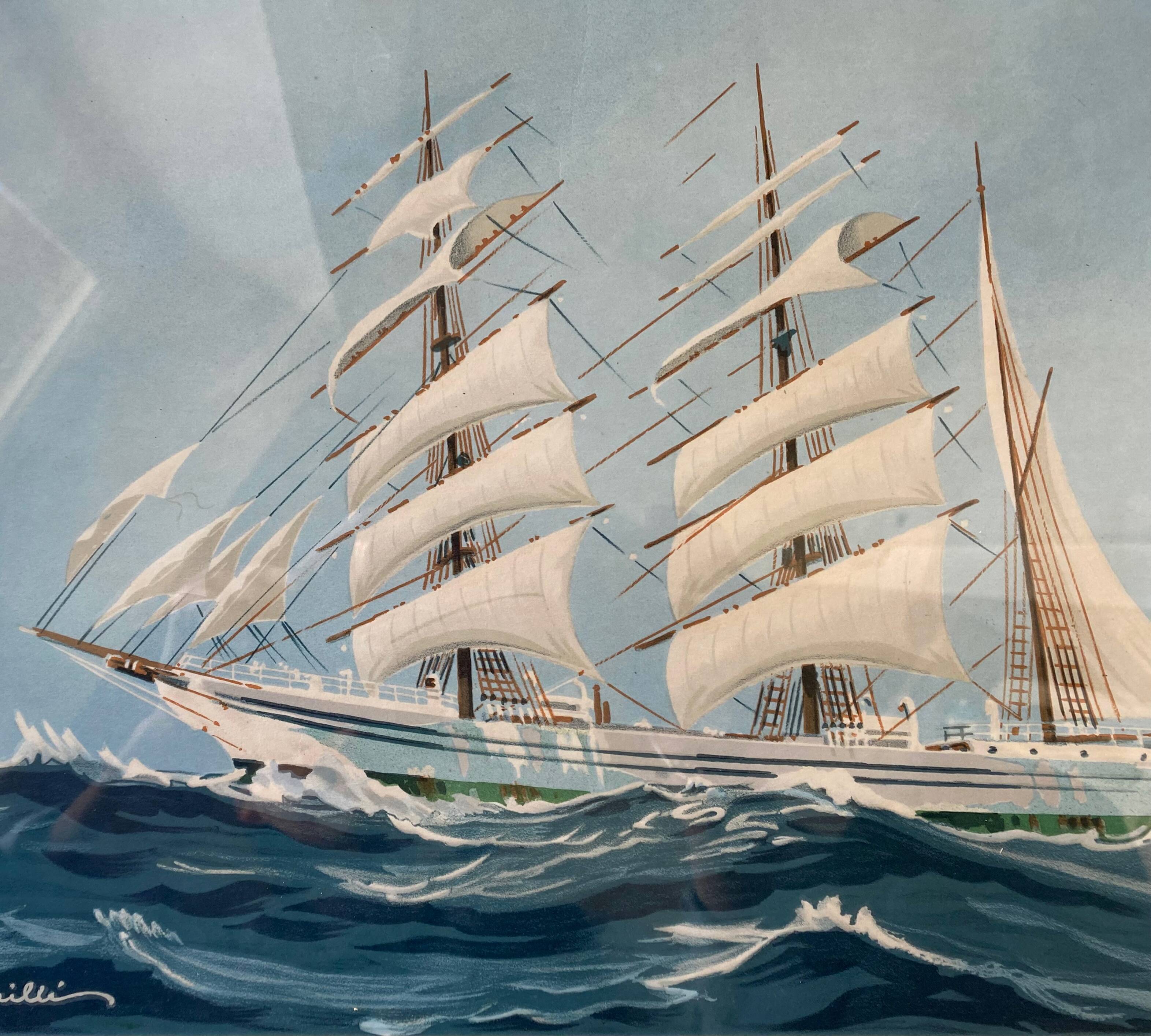 Painting litho Georges Fouillé (1909-1994) three-masted boat marine