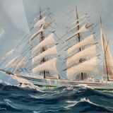 Painting litho Georges Fouillé (1909-1994) three-masted boat marine