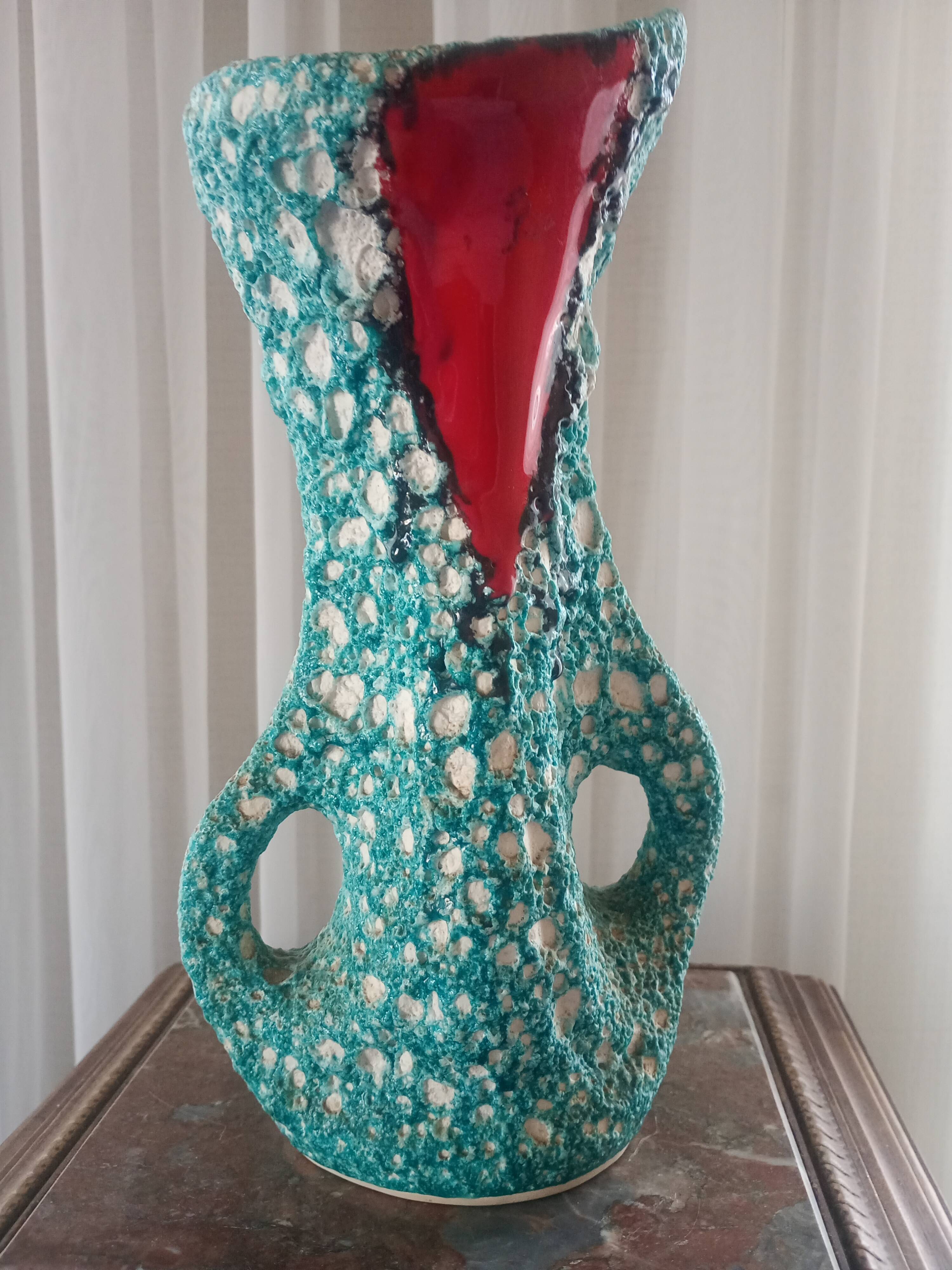 Turquoise "lava" double-handled vase - red & black enamel drips