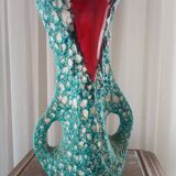 Turquoise "lava" double-handled vase - red & black enamel drips