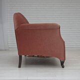 1950s, Danish 2-seater sofa, salmon pink furniture velour, oak wood legs.