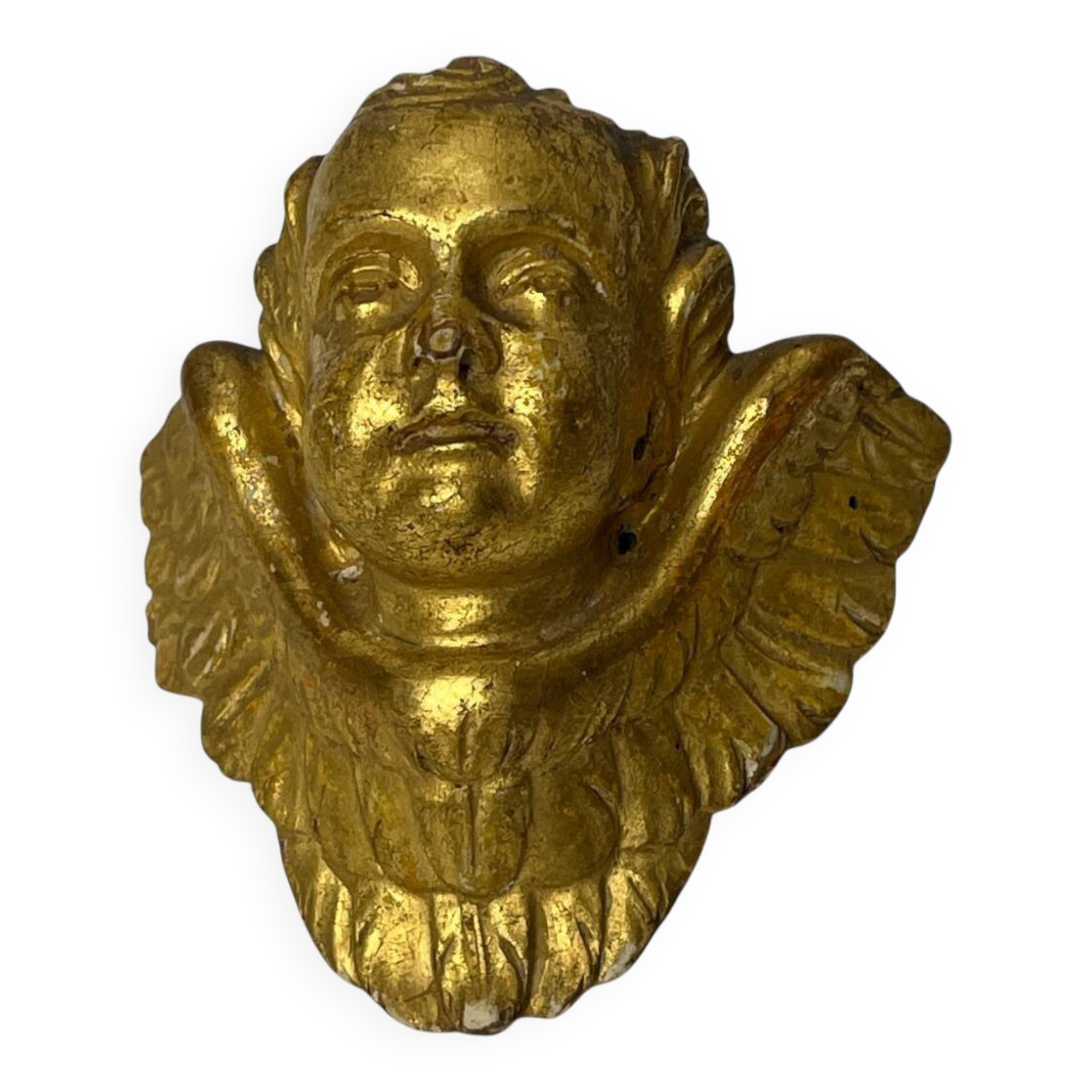 Antique cherub head in gilded wood from the early 20th century.