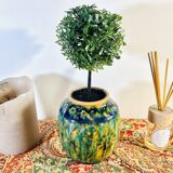 Petit vase en grès vintage dans les teintes vertes, effets craquelés