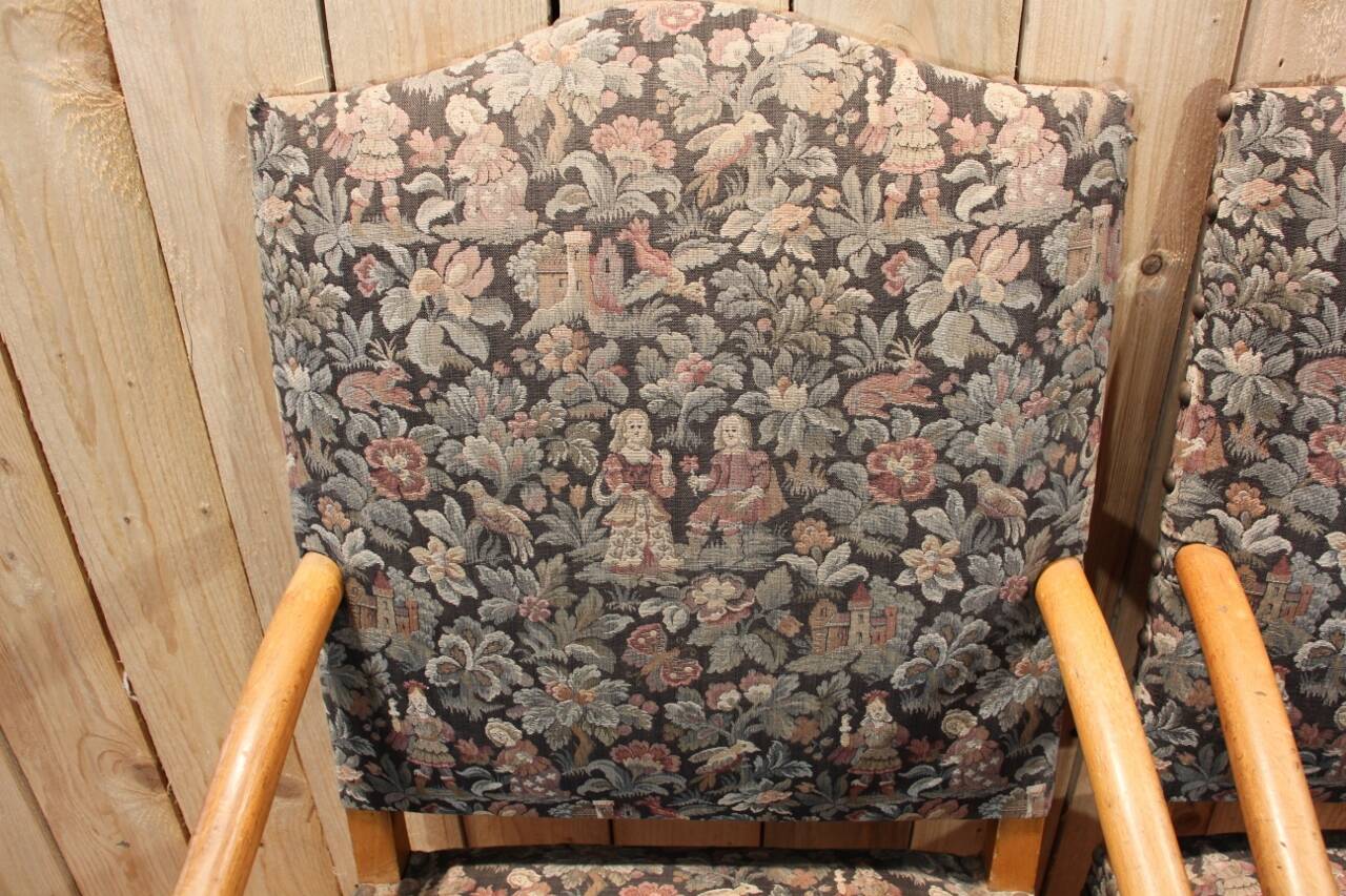 Pair of Louis XIII Style Armchairs in Sheep Bone, Needlepoint Tapestry