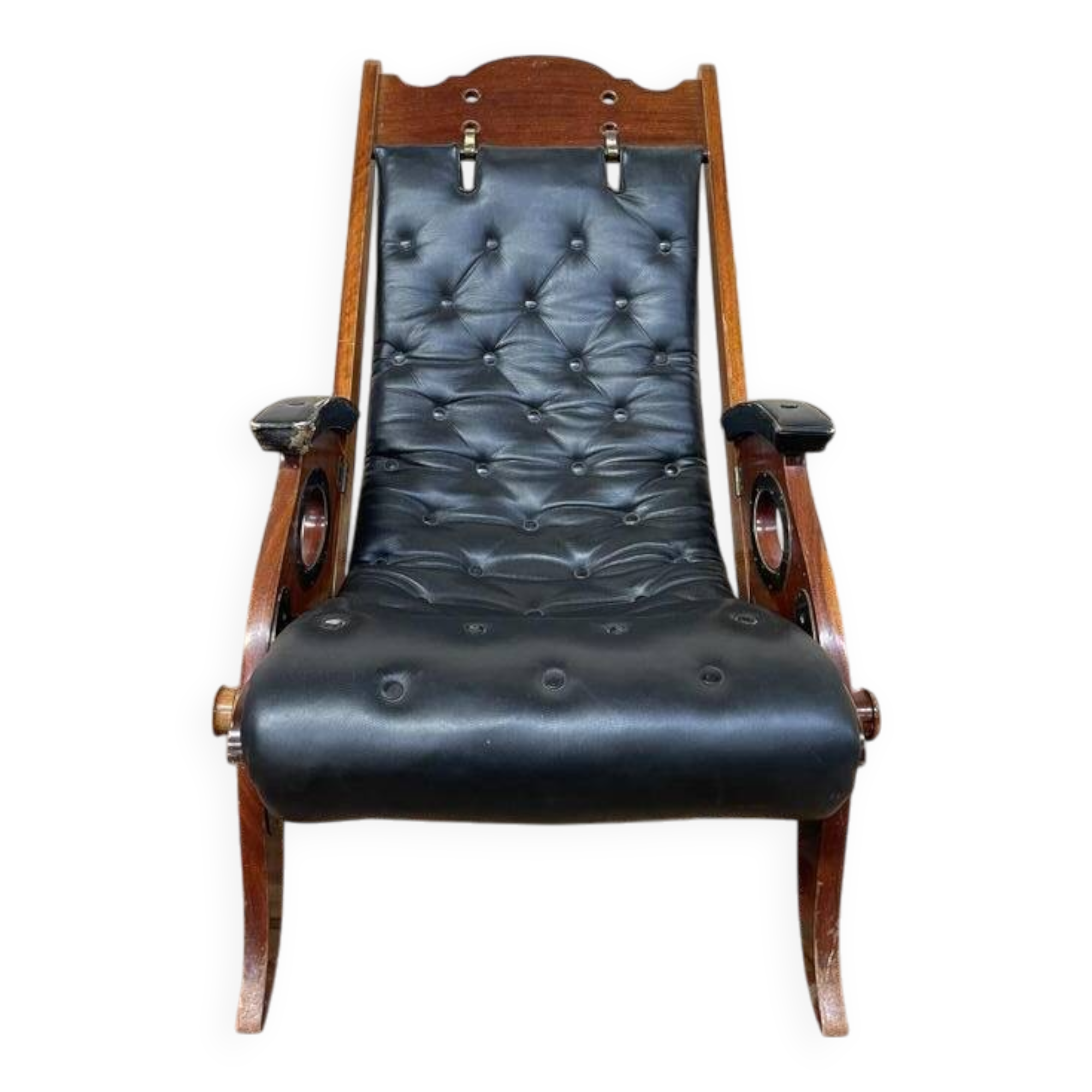 Fauteuil de bateau chesteefield en acajou et cuir