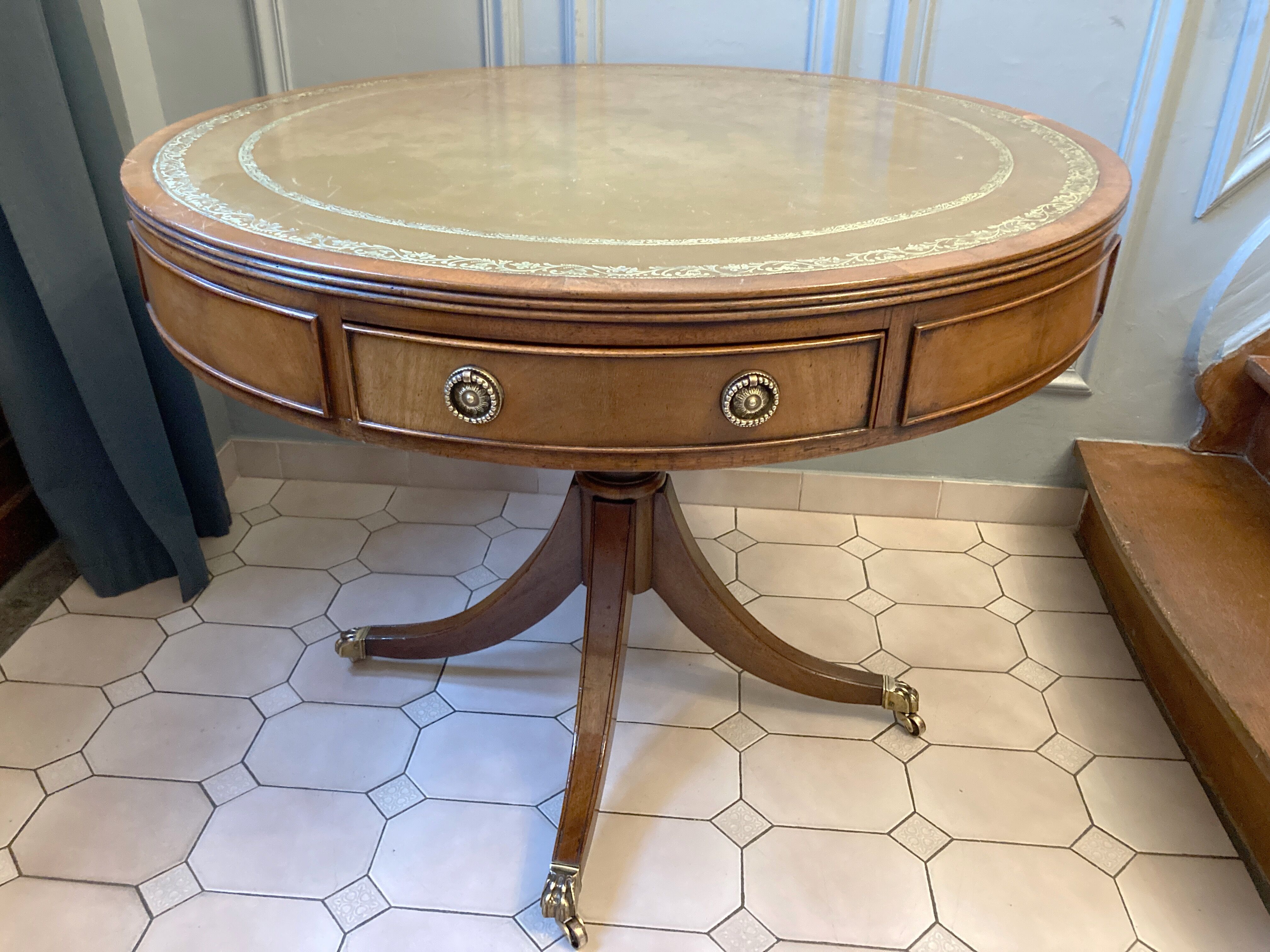 Old drum table 1900 cherry leather and brass