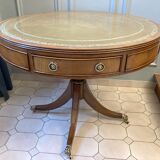 Table tambour 1900  merisier cuir et laiton