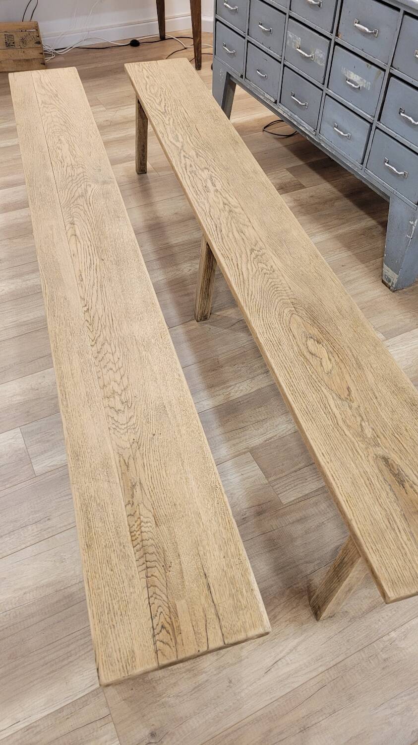 Two oak farm benches