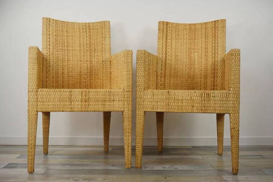 Bridge-style armchair in wood and woven rattan
