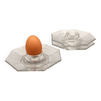 3 transparent egg cups in tempered glass arcoroc octime series, 1980 vintage