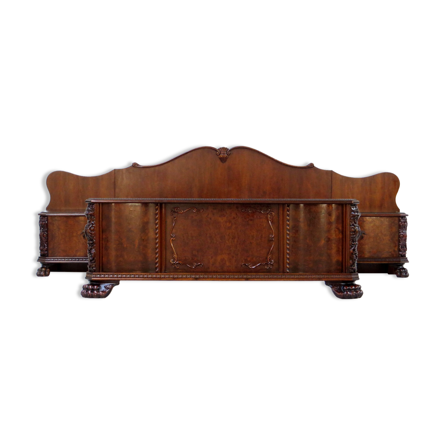 Hand carved Burr Walnut Bedroom Set with big Lion claw / paw feet, 19th century