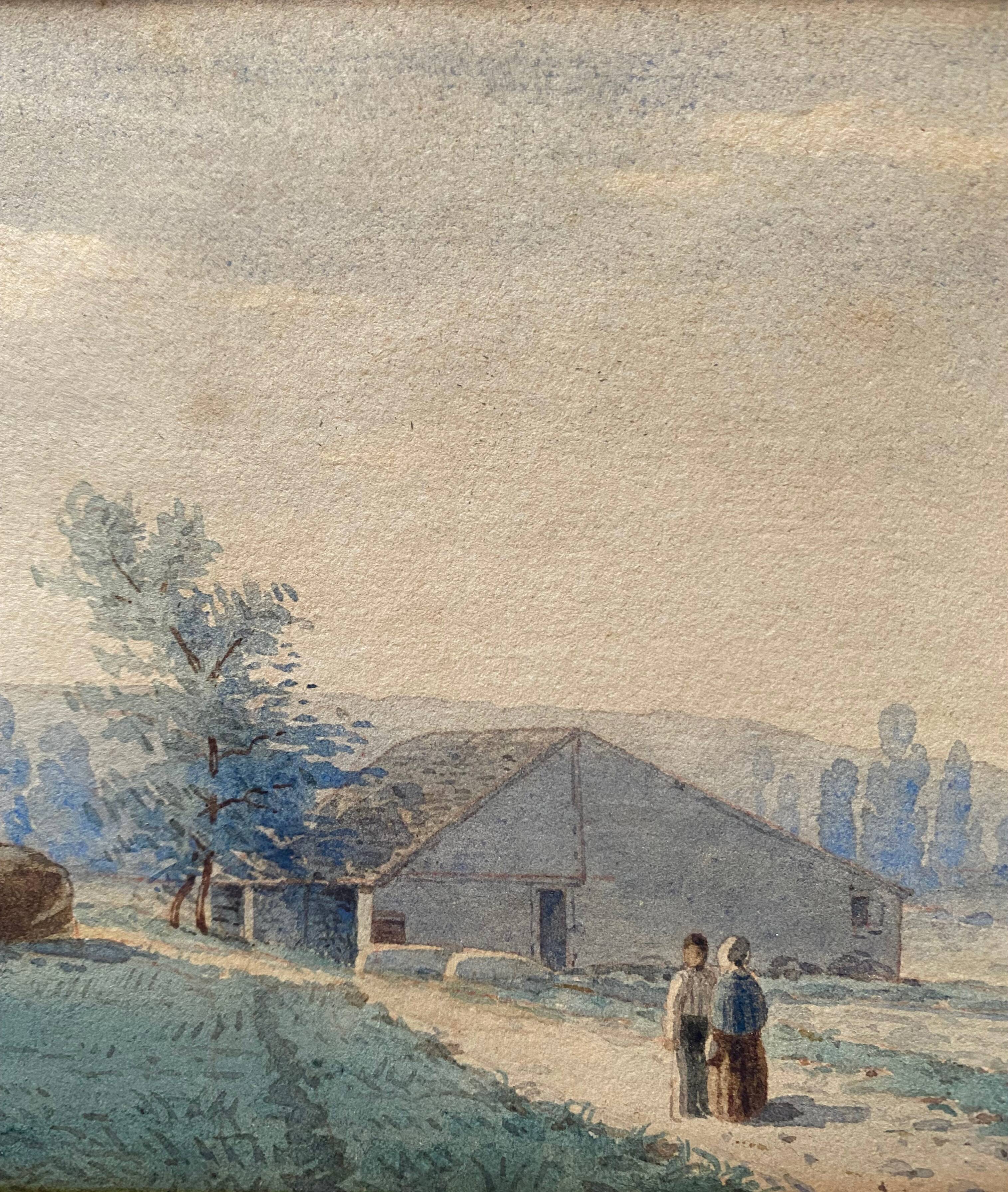 Watercolor painting circa 1870 "The conversation" signed with Marie Louise