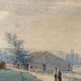 Tableau Aquarelle vers 1870 "La conversation" signée avec Marie Louise