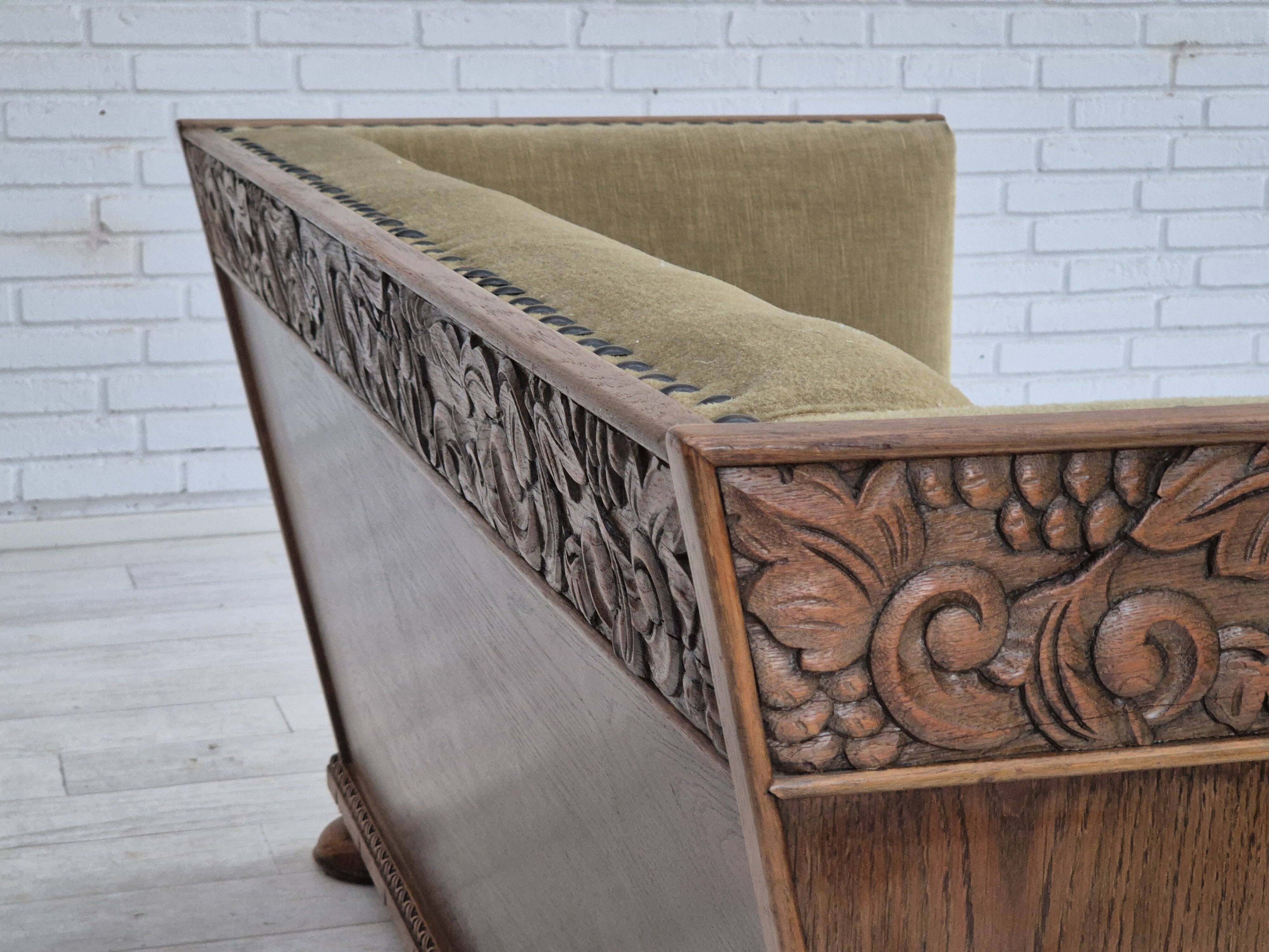 1950s, Danish curved sofa, furniture velour, oak wood.