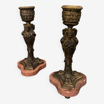 Pair of bronze candlesticks Napoleon III 19th century caryatids marble base