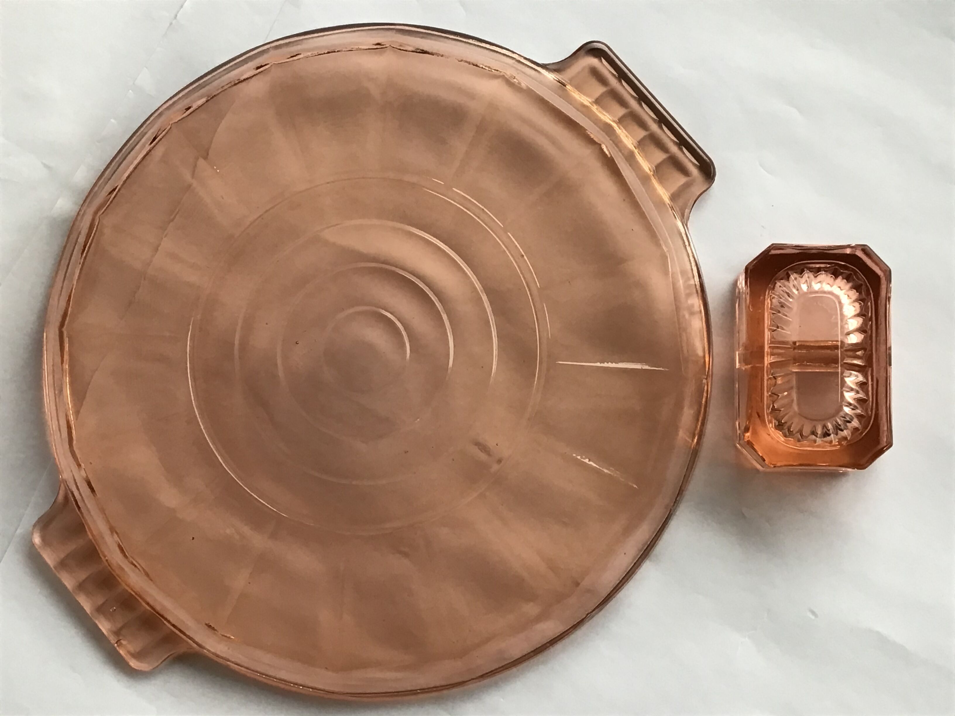 Pink glass salt shaker and cake dish