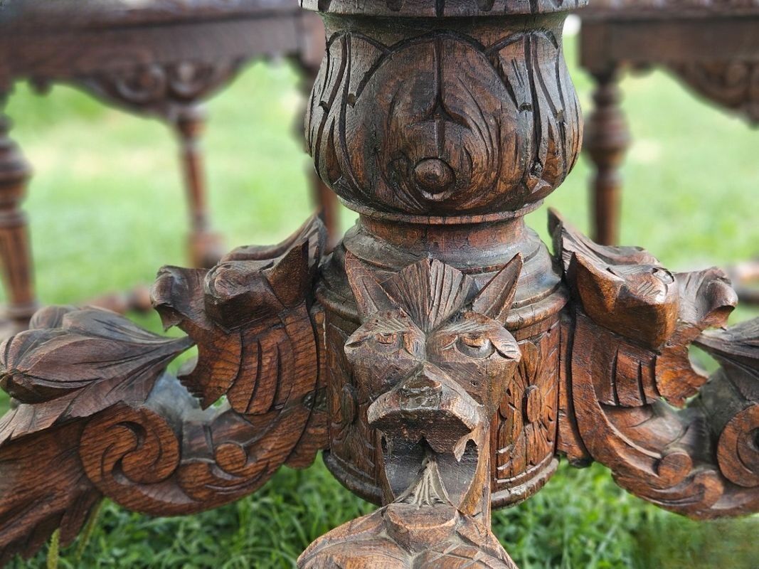 Round Table Set with 4 Characterful Carved Oak Chairs