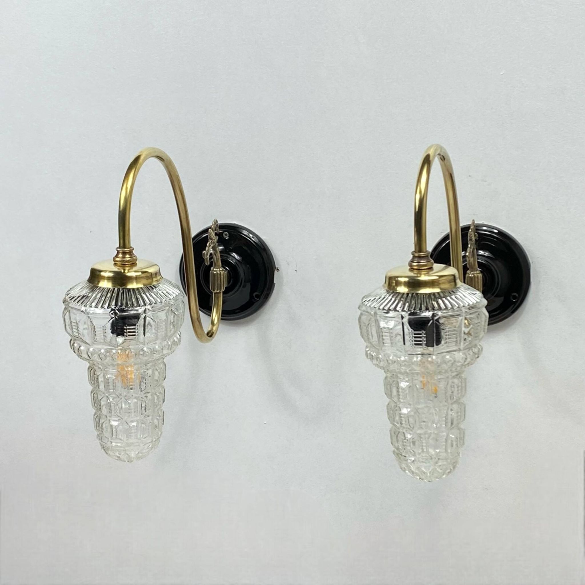 Large pair of old wall lights globe glass swan neck brass rosette porcelain LAMP-7169