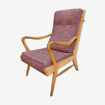 Fauteuil en bois clair et tissu, années 50